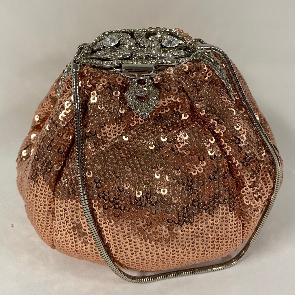 Small rose gold sequin evening pouch with handle